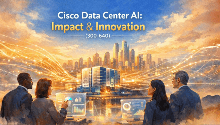 A watercolor-tech blended image showing professionals observing data flow from a central data center block powering a futuristic city, symbolizing the impact of Cisco Data Center AI (300-640) on innovation.