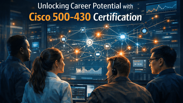 IT professionals observing a complex digital network, symbolizing career growth and expertise gained from Cisco AppDynamics 500-430 certification.