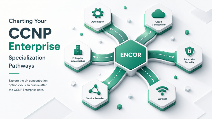 An isometric 3D illustration depicting a central ENCOR hub with multiple branching pathways, symbolizing the various Cisco CCNP Enterprise specialization options.