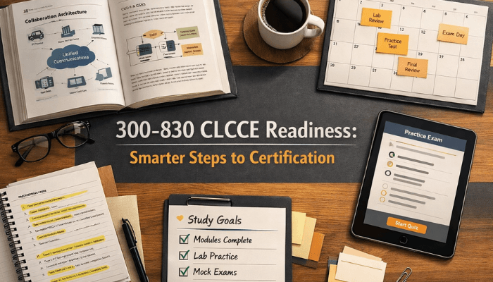 An overhead view of an organized desk with study materials, including a textbook and tablet, symbolizing strategic preparation for the Cisco 300-830 CLCCE exam.