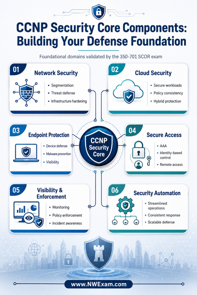 An infographic illustrating the core components of CCNP Security, showcasing modular cards for Network Security, Cloud Security, Endpoint Protection, and Secure Access, representing the 350-701 SCOR exam foundation.