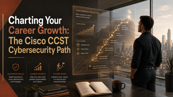 A professional man observing an upward-trending career graph projected digitally, representing career growth and opportunities with Cisco CCST Cybersecurity.
