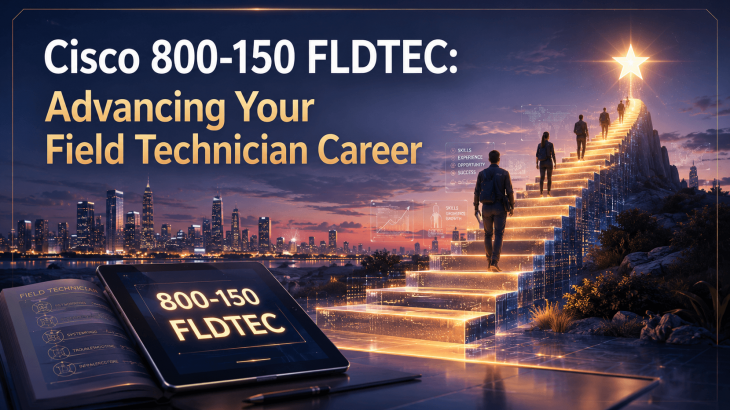An image showing a clear, ascending pathway with a glowing "800-150 FLDTEC" on a foreground tablet, symbolizing career advancement for a field technician after certification.