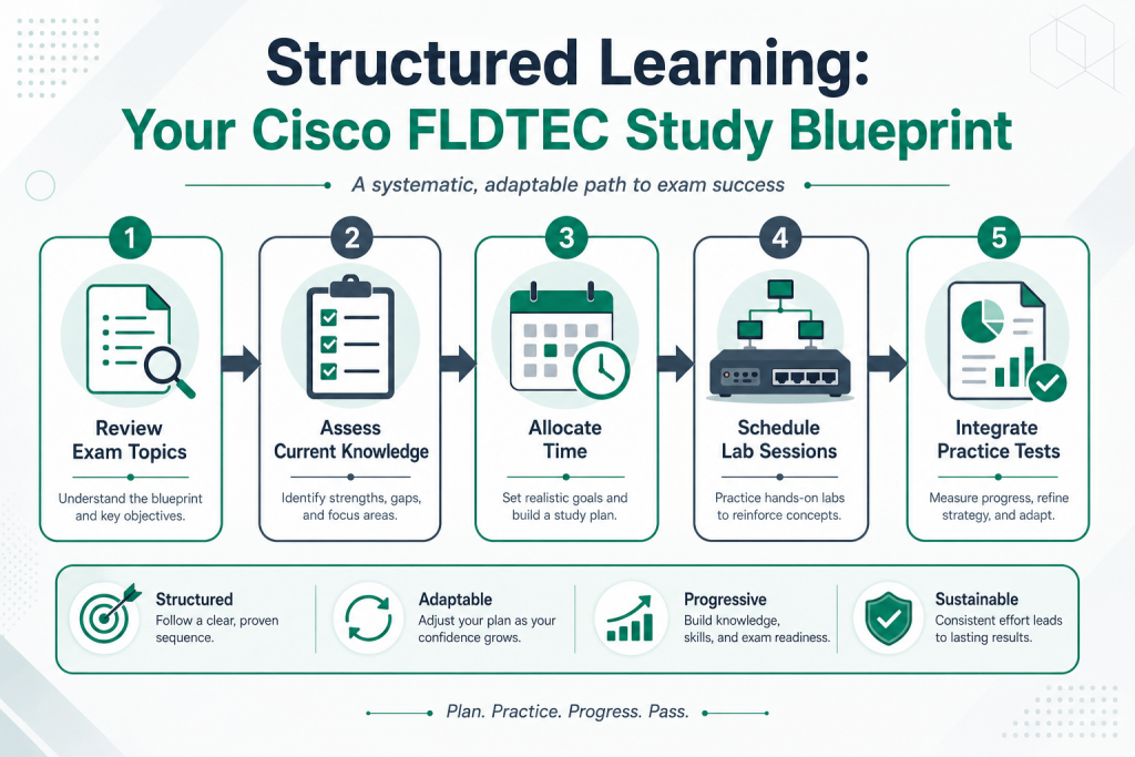 Infographic outlining a structured study blueprint for the Cisco 800-150 FLDTEC exam, with steps like reviewing topics, assessing knowledge, and scheduling lab sessions.