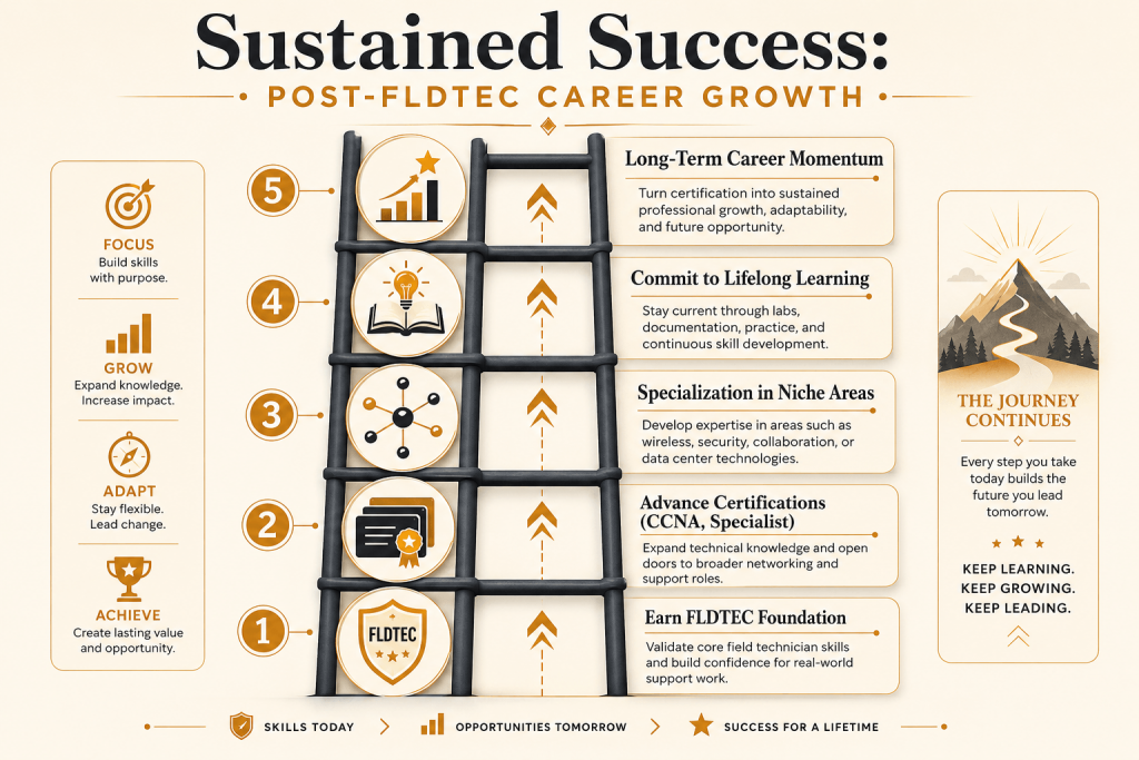 Infographic depicting post-certification career growth paths for Cisco 800-150 FLDTEC certified professionals, including advanced certifications and continuous learning.