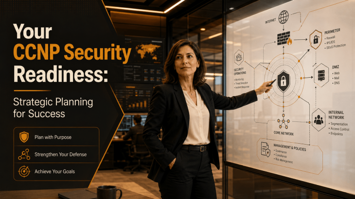 A female security professional confidently reviewing a security architecture diagram on a large screen, symbolizing strategic planning and readiness for CCNP Security.