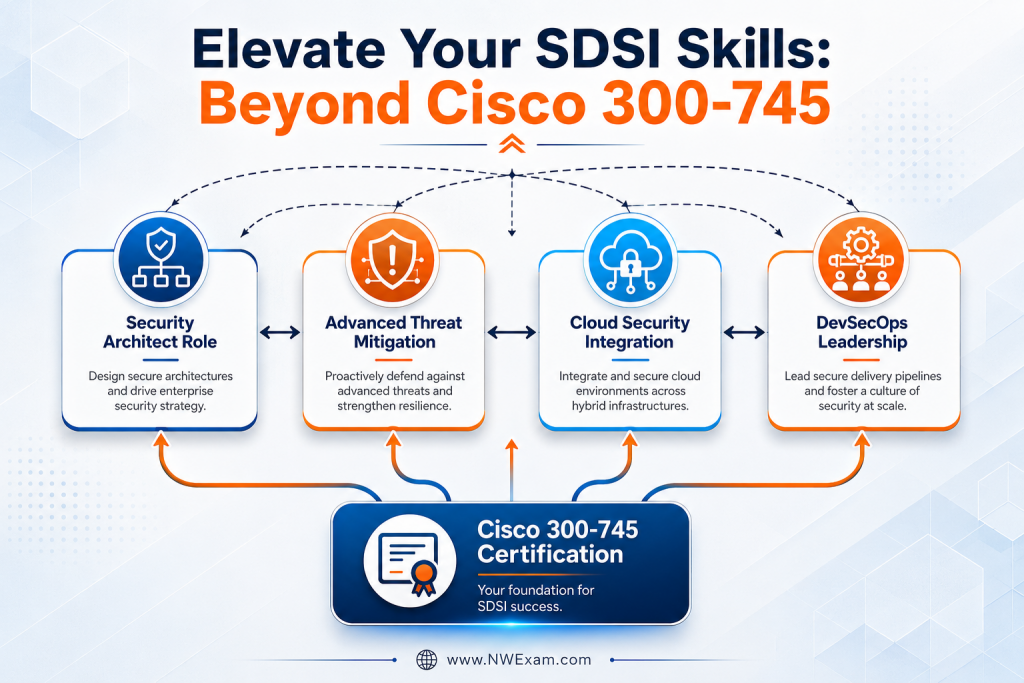 Infographic visualizing the career progression and enhanced skills gained by achieving the Cisco 300-745 SDSI certification, including roles like Security Architect and advanced security domains.