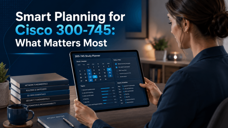 A professional woman calmly planning her study for the Cisco 300-745 SDSI exam on a tablet, surrounded by organized study materials, illustrating strategic preparation.