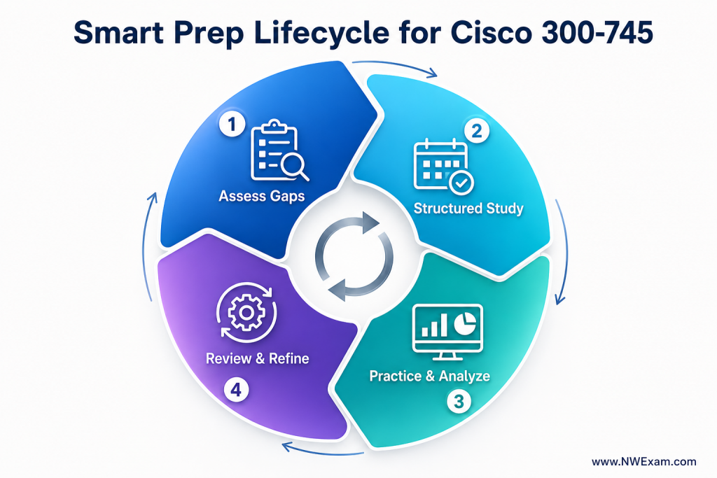 Infographic illustrating the Smart Prep Lifecycle for Cisco 300-745 SDSI, showing a continuous cycle of assessing gaps, structured study, practice, analysis, and review for optimal exam preparation.