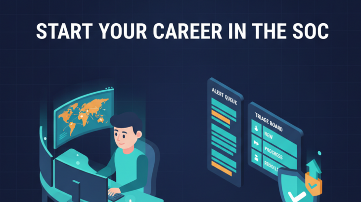 Isometric illustration of an entry-level SOC analyst at a security operations desk with a threat map and alert triage board, headline Start Your Career in the SOC