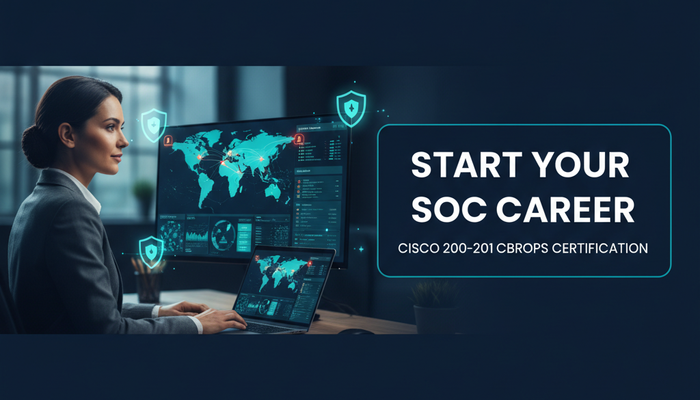 Real entry-level SOC analyst at a security operations desk with a threat map and alert queue, preparing for the Cisco 200-201 CBROPS CyberOps Associate certification