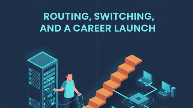 Isometric illustration of a network administrator beside a server rack with routers and a rising career-path staircase, headline Routing, Switching, and a Career Launch