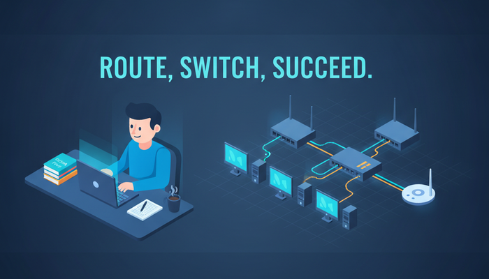 Network engineer configuring routers, a switch, PCs and a wireless access point for the Cisco CCNA 200-301 exam, with study books and notes on the desk