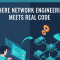 Isometric illustration of a network engineer writing Python automation code linked to routers and cloud nodes, with the headline Where Network Engineering Meets Real Code