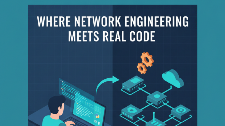 Isometric illustration of a network engineer writing Python automation code linked to routers and cloud nodes, with the headline Where Network Engineering Meets Real Code