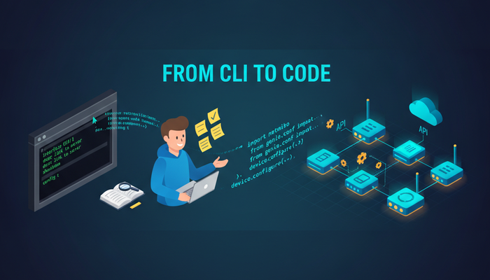 Network engineer moving from a command-line terminal to Python automation code that configures an isometric network of routers, switches and a cloud, with exam study materials on the desk