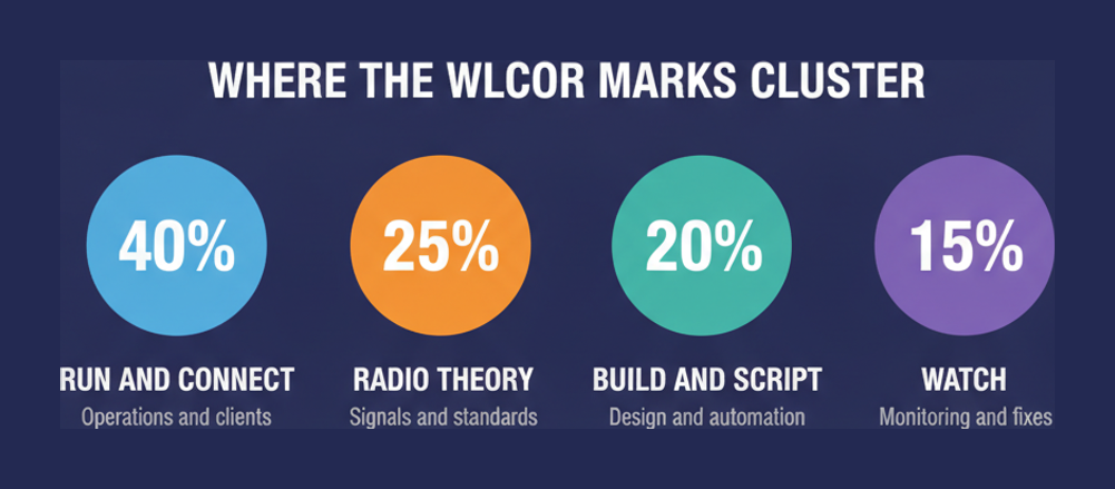 WLCOR mark clusters showing 40 percent for operations and client connectivity, 25 percent for RF and 802.11 theory, 20 percent for implementation and automation, and 15 percent for monitoring