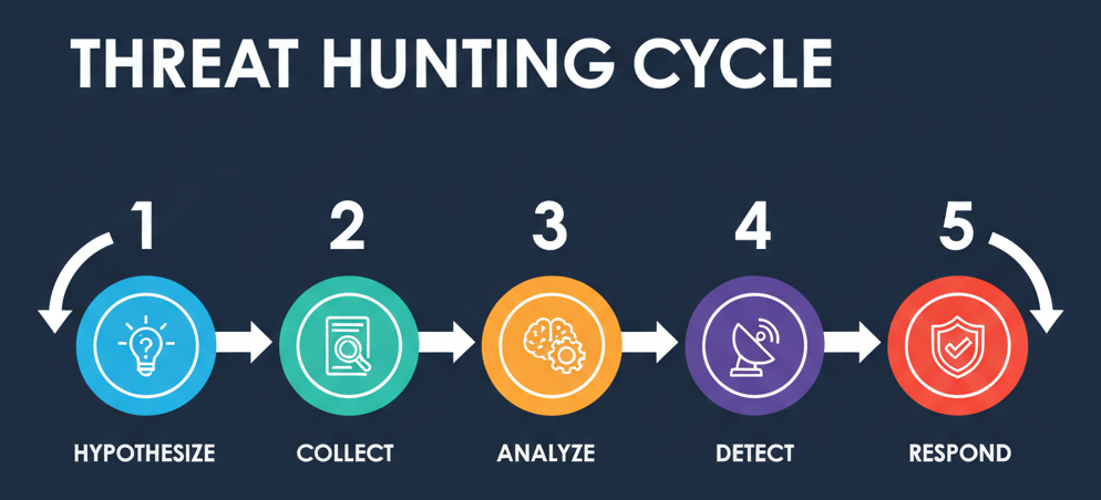 Threat hunting cycle: hypothesize, collect, analyze, detect, respond
