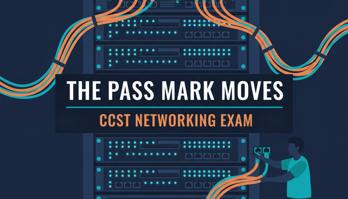 Cisco 100-150 CCST Networking exam banner showing a technician cabling a switch stack in a rack
