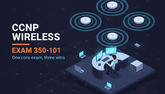 CCNP Wireless certification banner showing access points and a controller with signal coverage across an enterprise floor