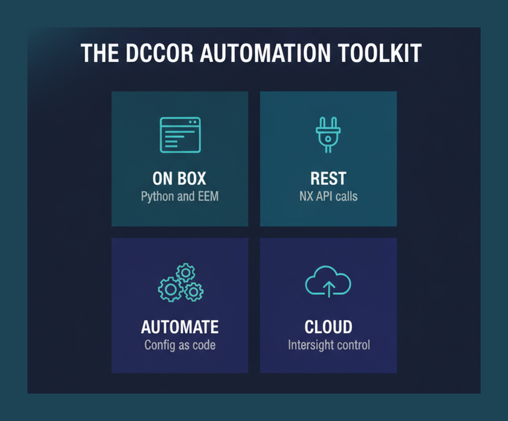 DCCOR automation toolkit showing on box Python and EEM, NX API REST calls, config as code automation and Intersight cloud control