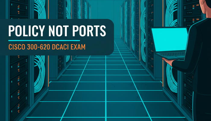 Cisco 300-620 DCACI v1.2 exam banner showing a data centre engineer at a fabric topology wall display