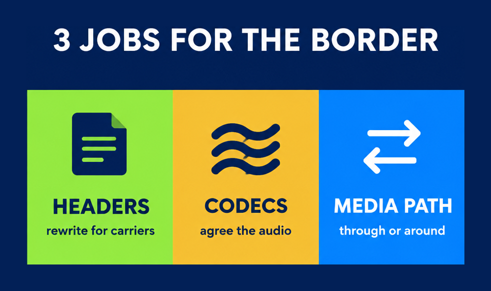 Three jobs for Cisco Unified Border Element on 300-815: rewriting headers for carriers, agreeing codecs and choosing the media path