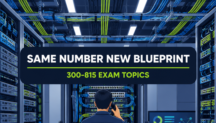 300-815 CLACC exam topics banner showing an engineer at a voice gateway rack in a collaboration equipment room