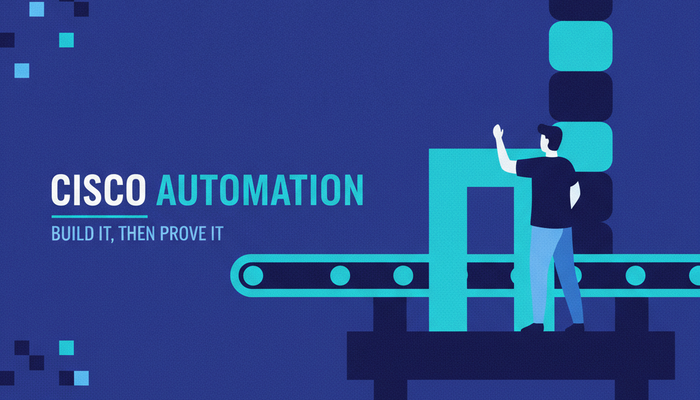 CCNP Automation banner showing an engineer assembling a network automation pipeline on a conveyor