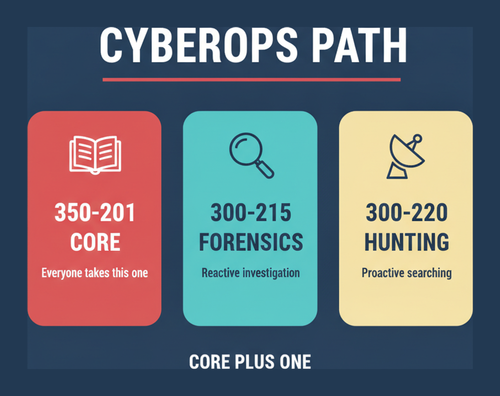 Cisco CyberOps Professional path showing 350-201 core plus one concentration, either 300-215 forensics or 300-220 threat hunting