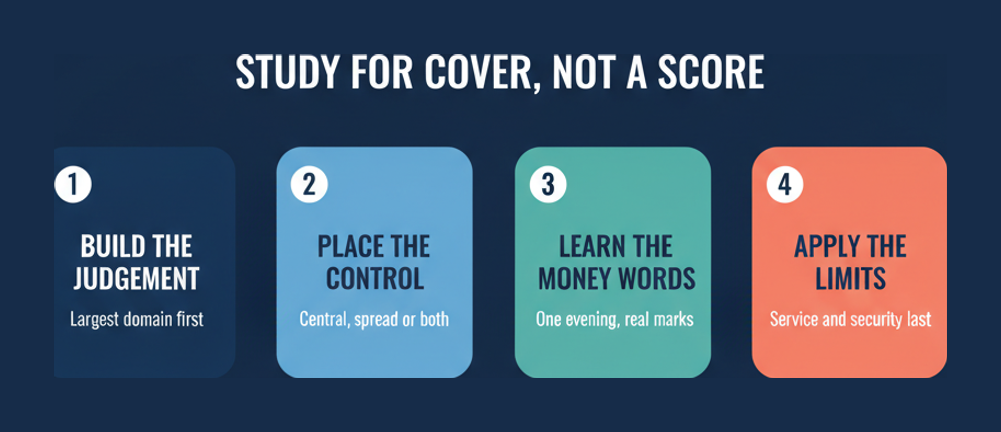 Four stage CCDE 400-007 study order running from network design judgement through control plane placement and the business vocabulary to service and security constraints