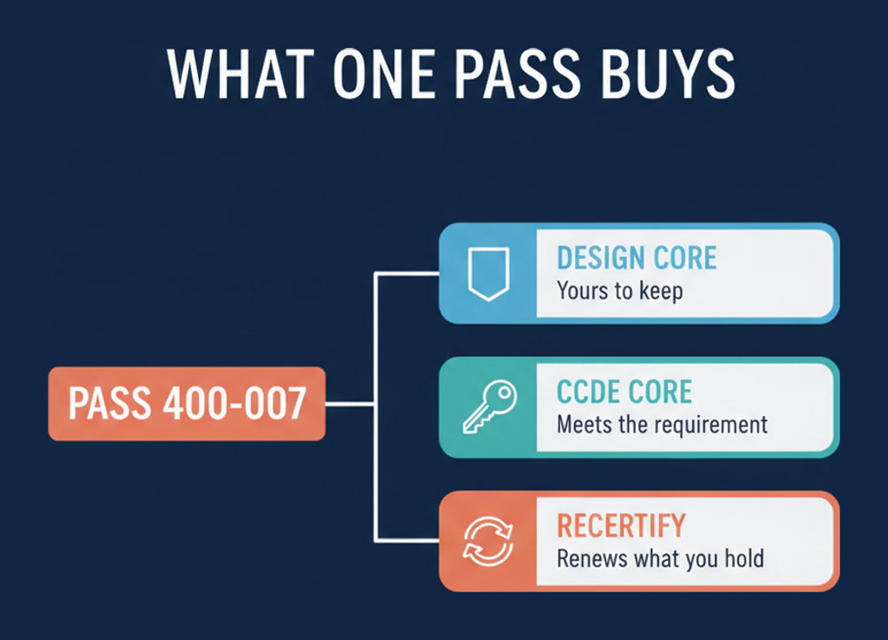 Three outcomes of passing Cisco 400-007: the Design Core specialist credential, the CCDE core exam requirement, and recertification credit