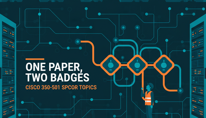 Cisco 350-501 SPCOR exam topics guide showing the five weighted service provider domains