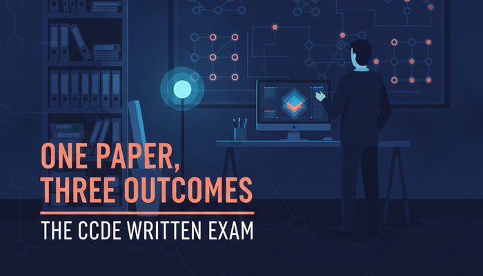 Cisco CCDE 400-007 written exam banner showing an architect working at a large network design board