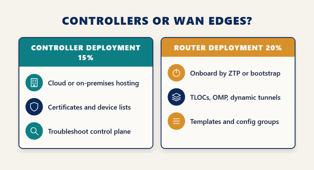 Infographic comparing the 300-415 ENSDWI Controller Deployment and Router Deployment objectives