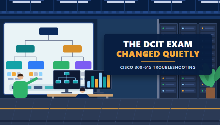 DCIT exam 300-615 banner showing data center operations engineers at a desk in front of server racks under the headline the DCIT exam changed quietly