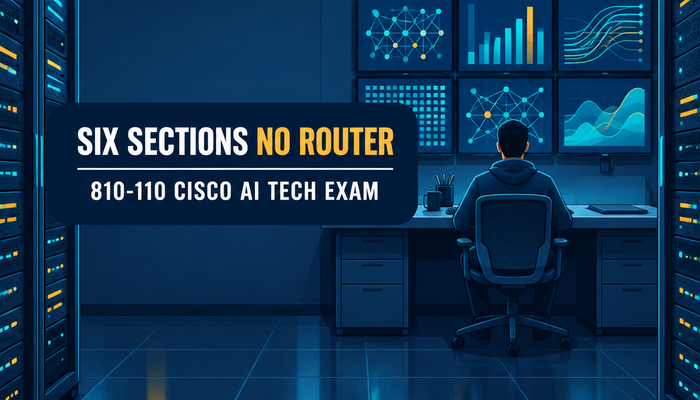 810-110 Cisco AI Technical Practitioner banner showing an engineer in an AI lab facing a wall of model dashboards