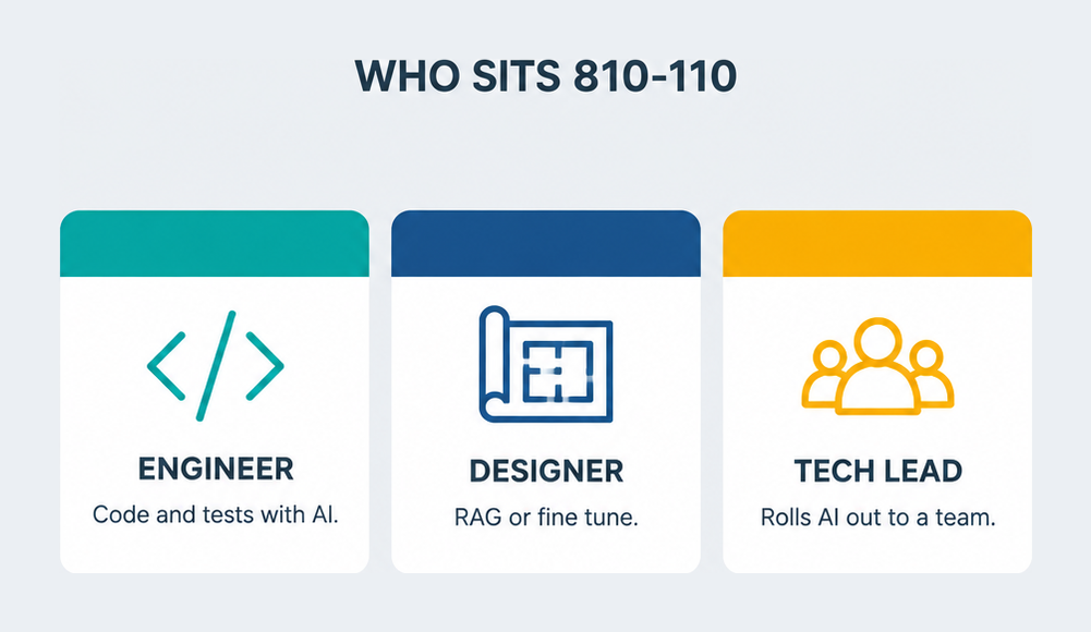 810-110 Cisco AI Technical Practitioner audience infographic showing the 3 roles Cisco names, engineer, designer and technical lead